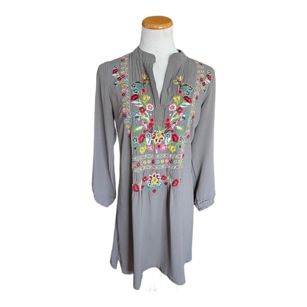 Womens Paloma Vivacity Floral Embroidered Split Neck A Line Dress - Sz M